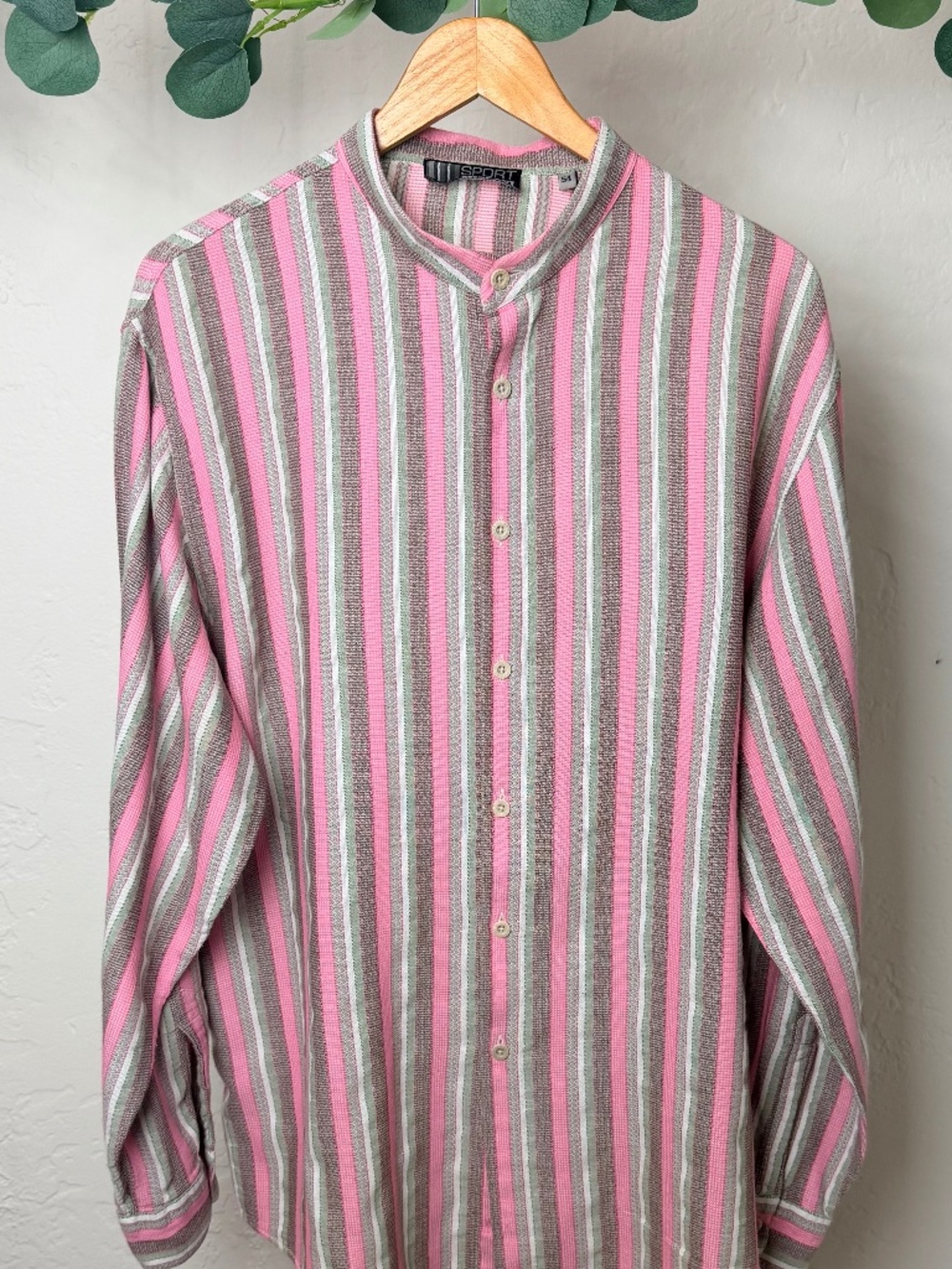 Missoni Sport Italy 100% Cotton Textured Stripe Band Collar Shirt EU 54 XL